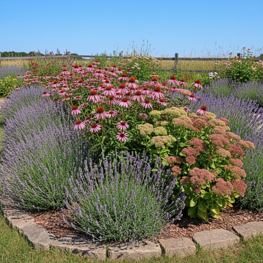 Rabata z lawendy, rozchodników i jeżówek w pełnym słońcu, bez widocznych oznak suszy