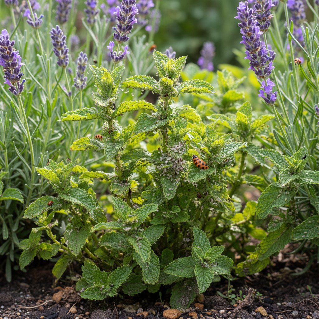 Zbliżenie na kwiat lawendy i liść mięty, z widocznymi mszycami omijającymi roślinę