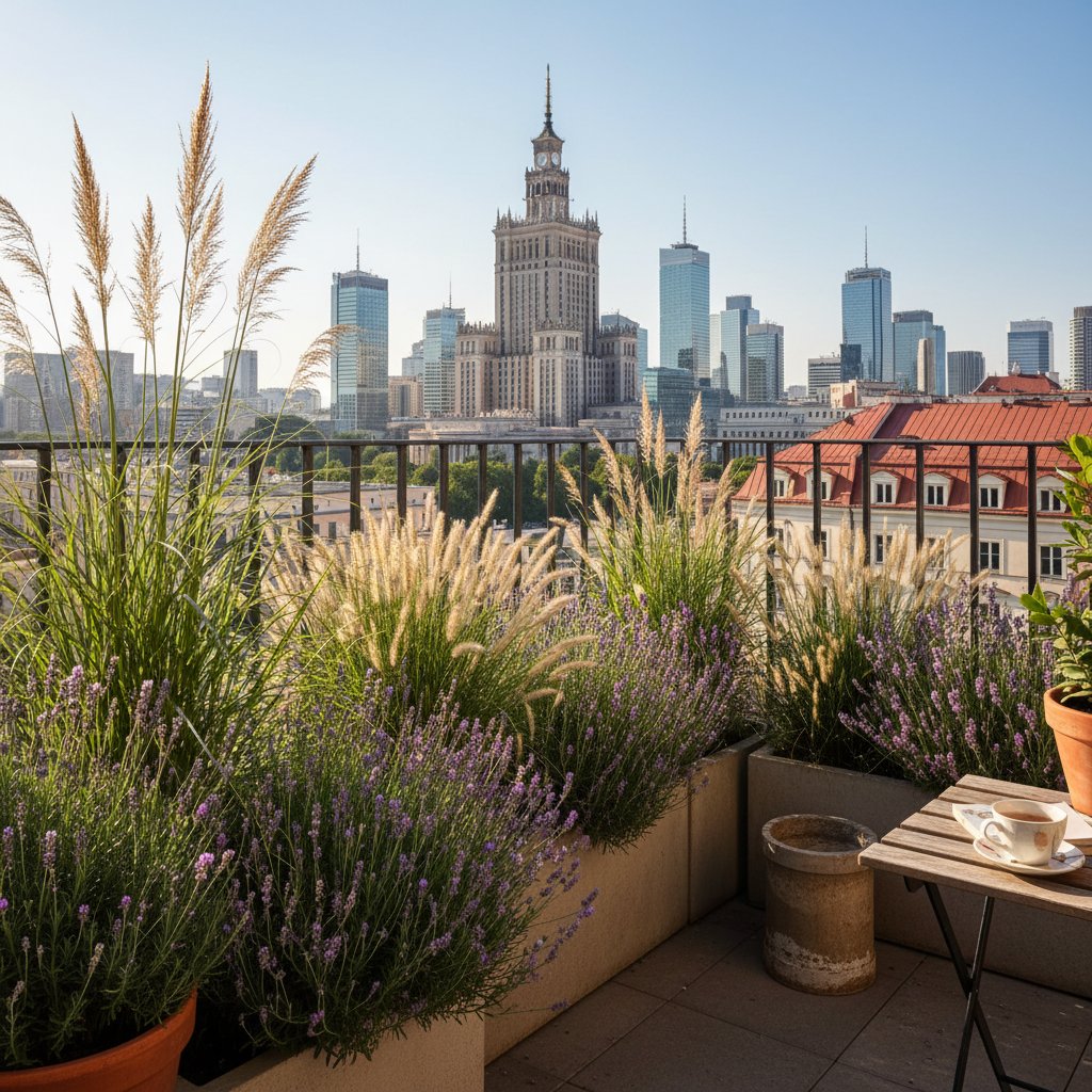 Balkon w Warszawie, efektowna kompozycja lawendy i traw w upalny dzień, miejskie tło