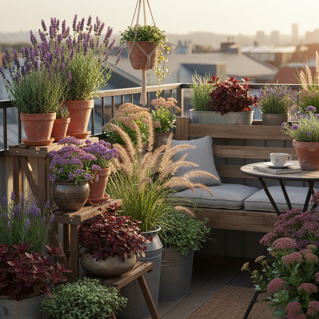 Nowoczesna kompozycja balkonowa: lawenda, trawy ozdobne i rozchodnik w dużych donicach