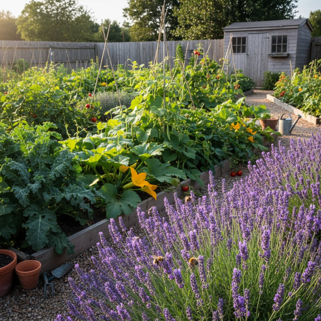 Lawenda kwitnąca wzdłuż grządki warzywnej, pszczoły na kwiatach, wyrazisty ogród w tle