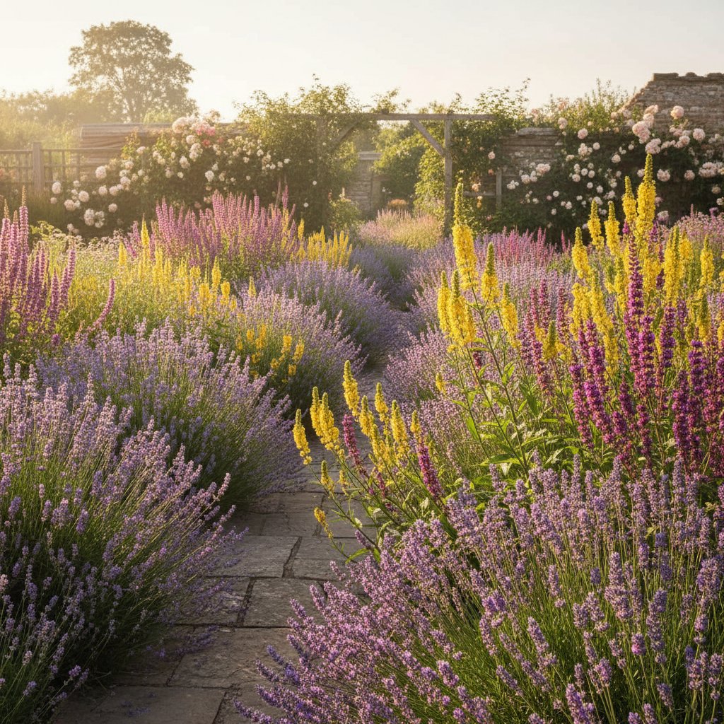 Rabata pełna lawendy, dziewanny i rojników na tle słońca
