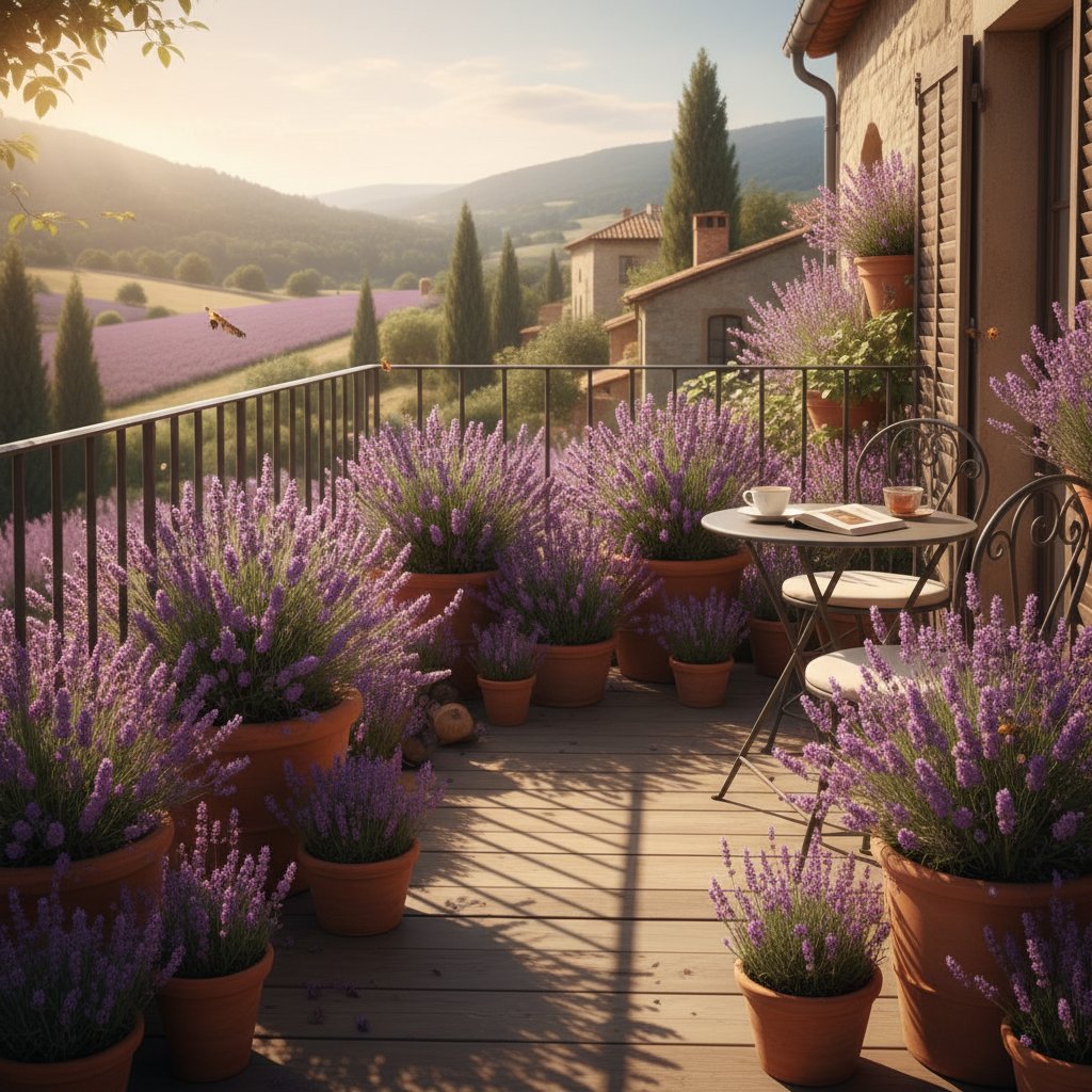 Kwiaty lawendy na polskim balkonie w doniczce, widok w promieniach popołudniowego słońca