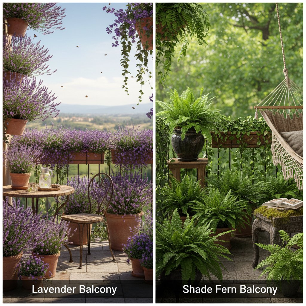Porównanie dwóch balkonów: jeden z bujną lawendą na słońcu, drugi z paprociami w cieniu
