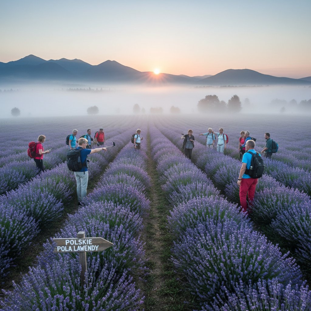 Pole lawendy o świcie z mgłą, polscy turyści zwiedzający plantację