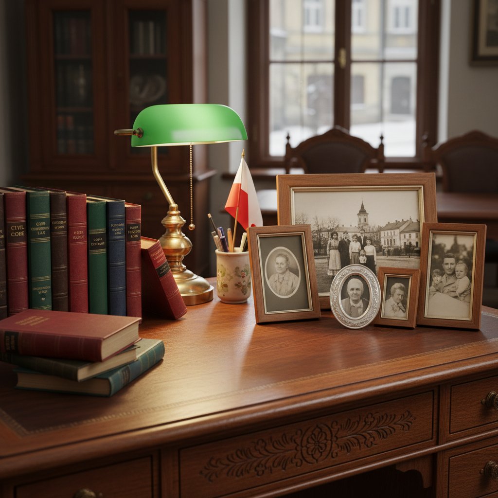 Stos kodeksów i zdjęcia rodzinne na polskim biurku – prawo rodzinne