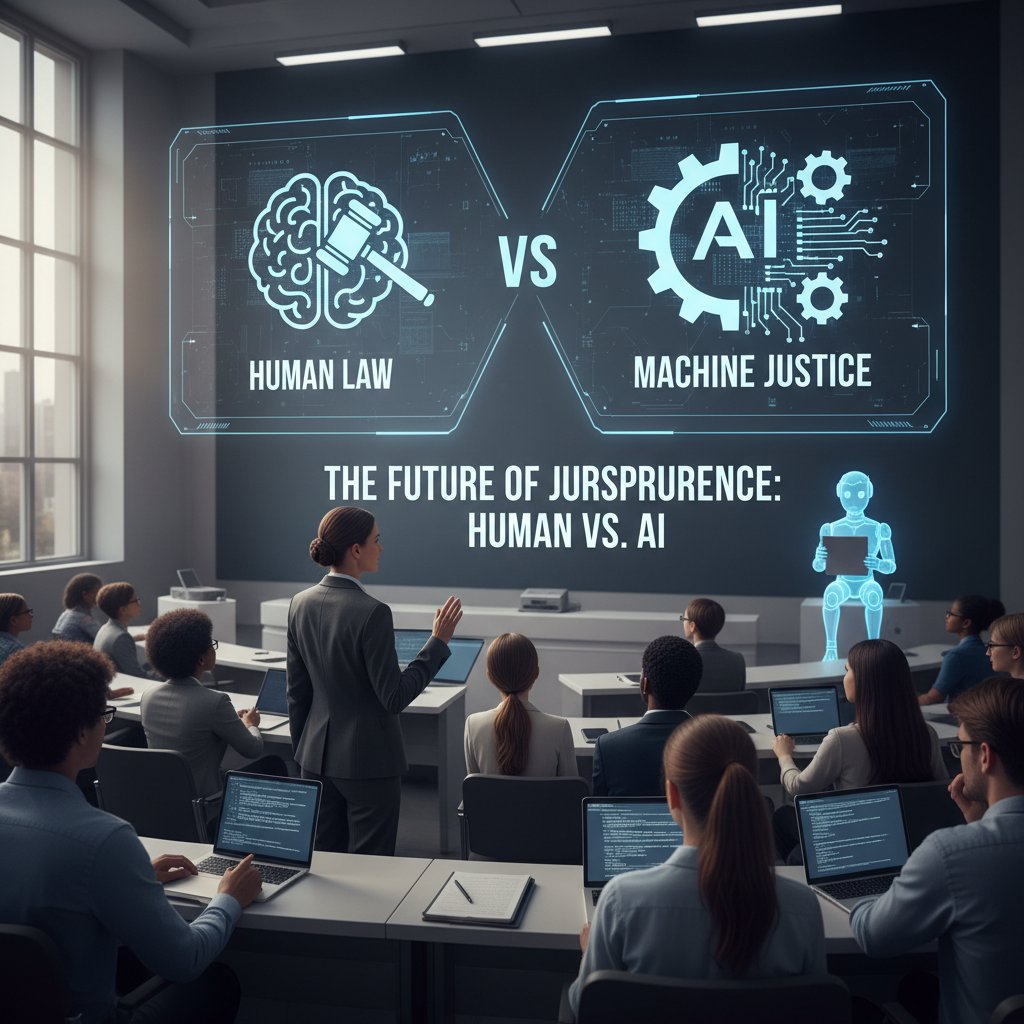 Wykładowca prawa i student stojący obok ekranu z symbolem AI, symboliczna rywalizacja człowieka i maszyny