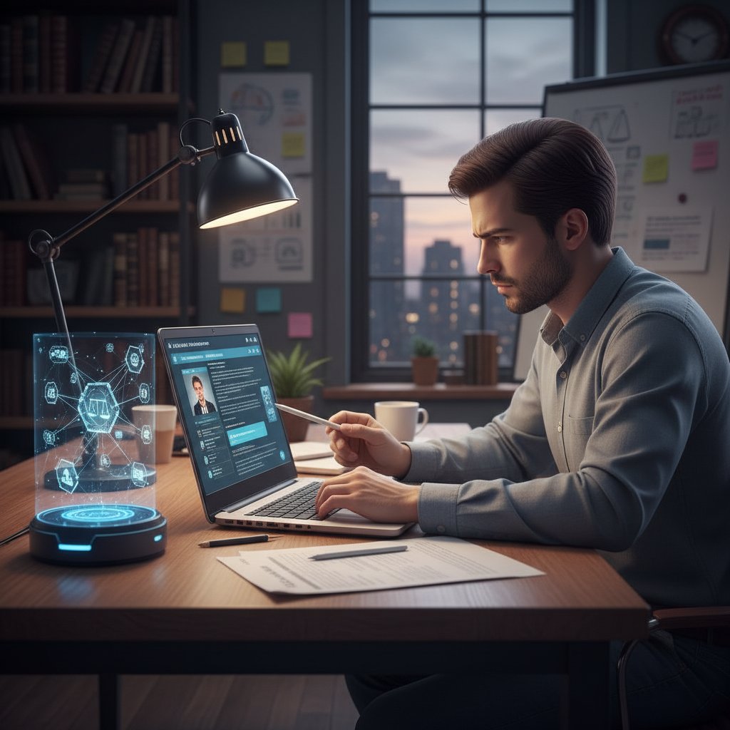 Student prawa pracuje z laptopem, wsparcie AI w nauce prawa