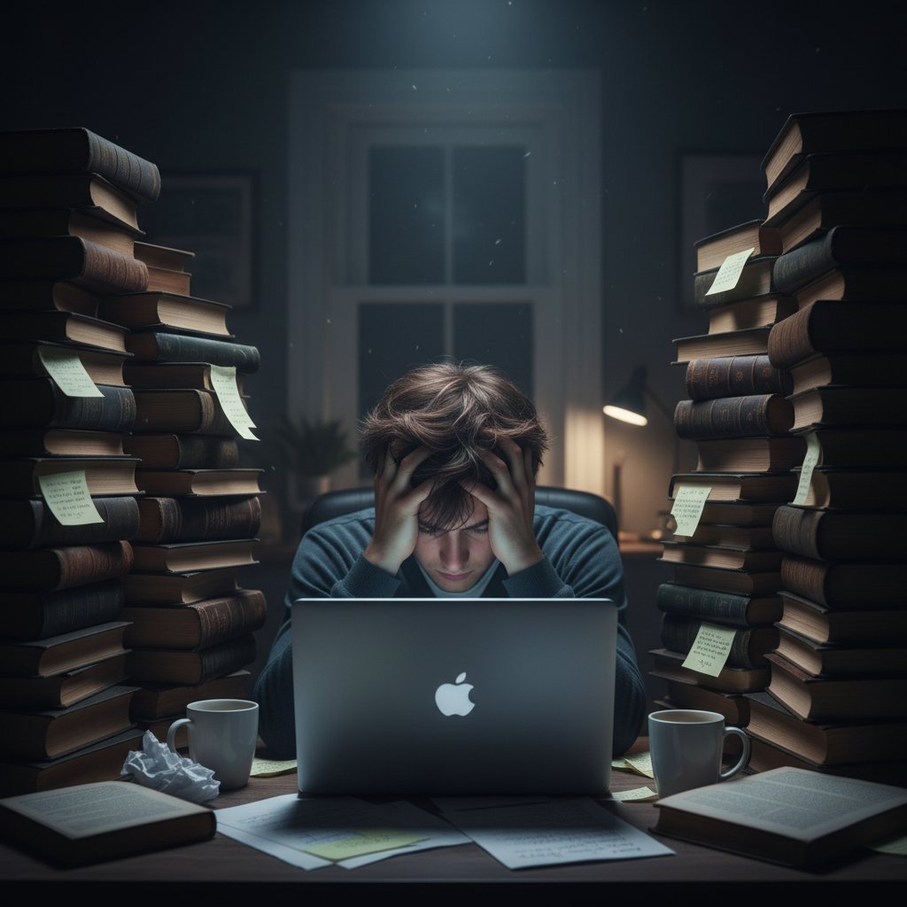 Zestresowany student prawa podczas egzaminu online