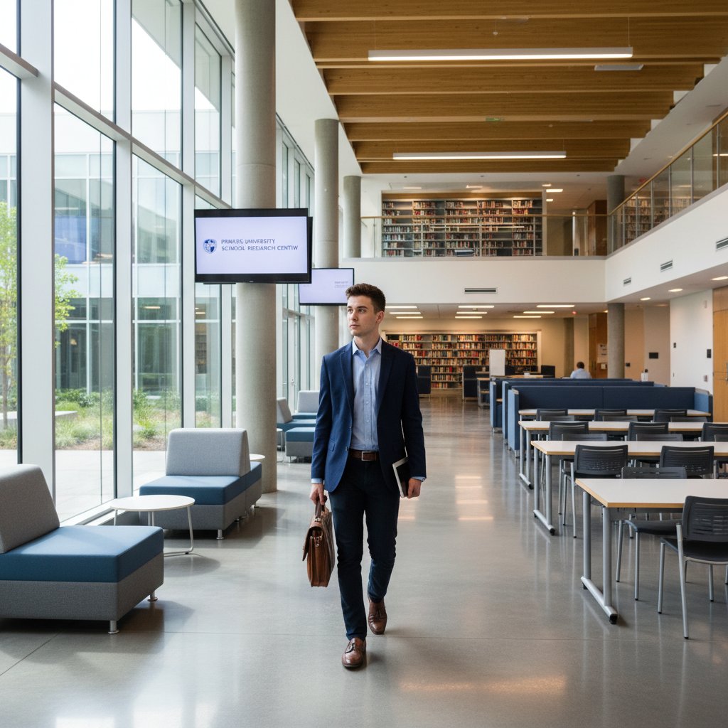 Student prawa studiujący na prywatnej uczelni z nowoczesnym wyposażeniem