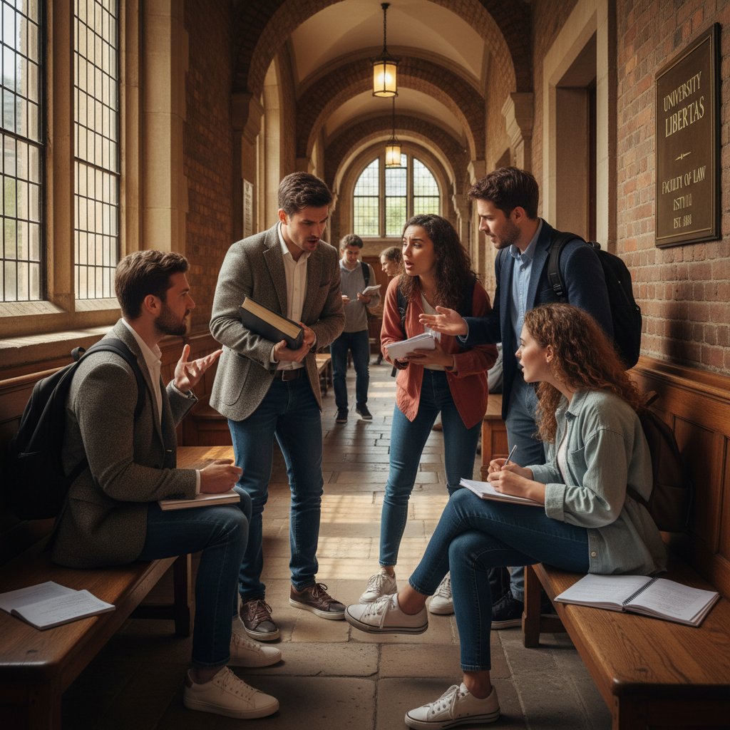 Studenci prawa dyskutują o trudnych sprawach poza salą wykładową