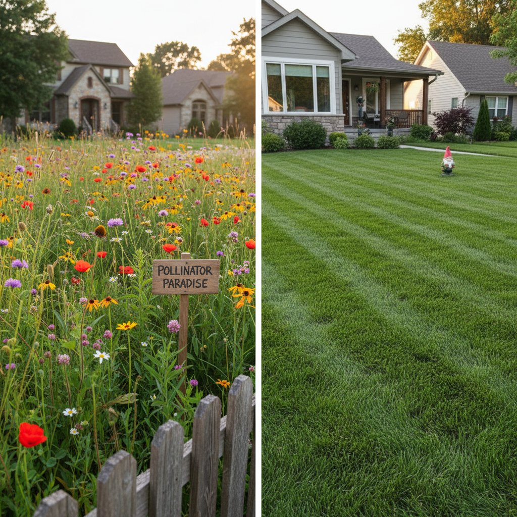 Dwa sąsiadujące trawniki: jeden perfekcyjny, drugi z łąką kwietną i śladami użytkowania