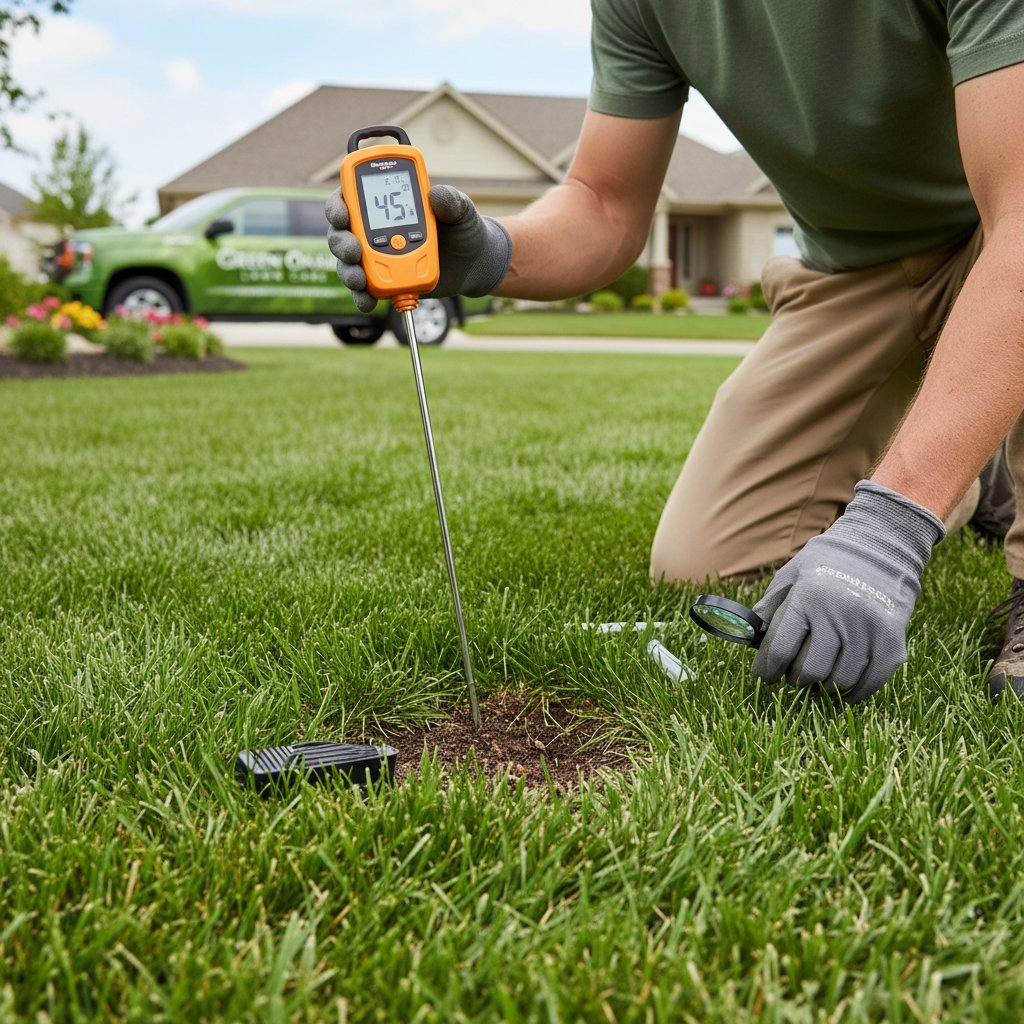 Osoba sprawdzająca trawnik: kolor, strukturę i wilgotność, test na obecność szkodników