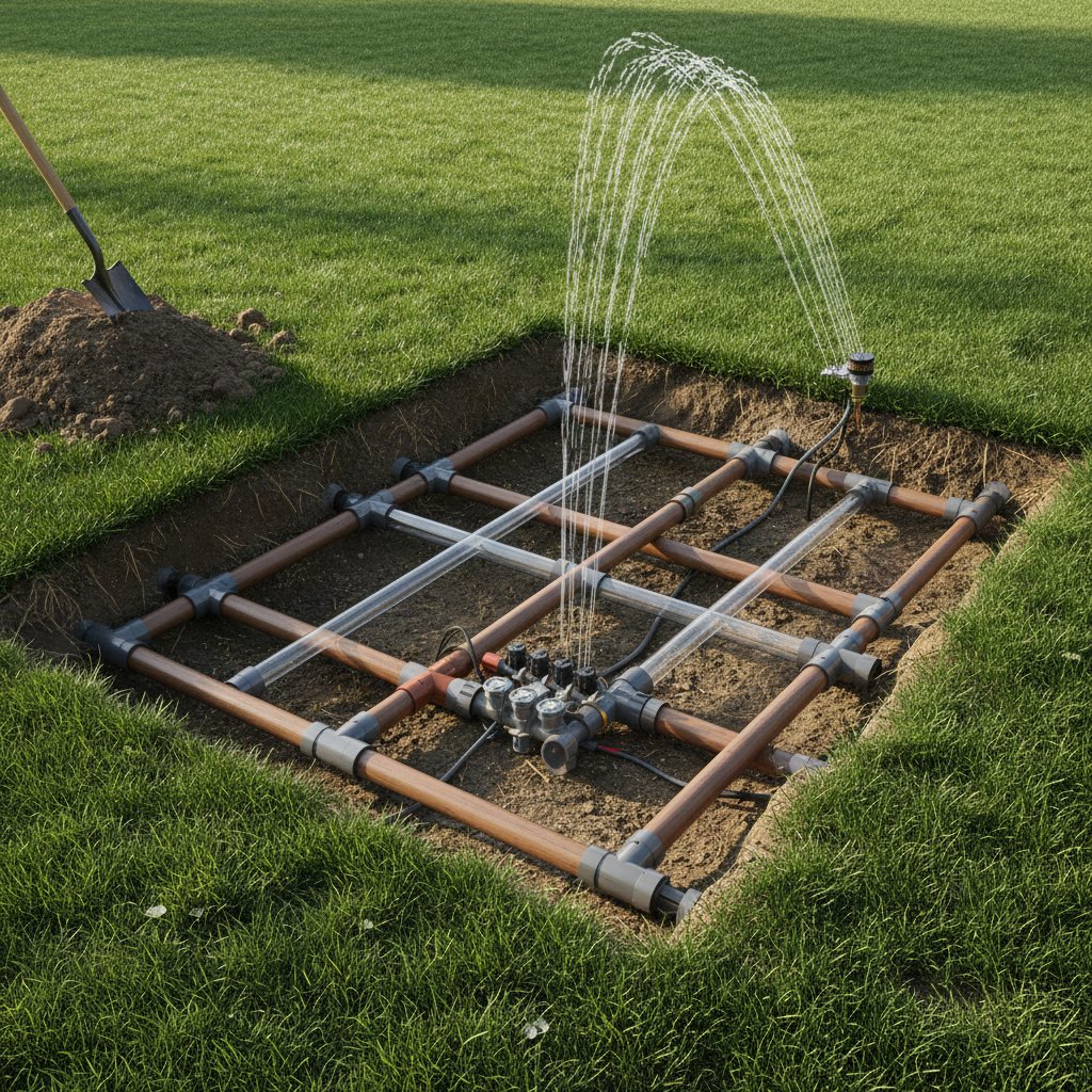 Zbliżenie na instalację systemu nawadniającego pod trawnikiem, widoczne rurki i czujniki