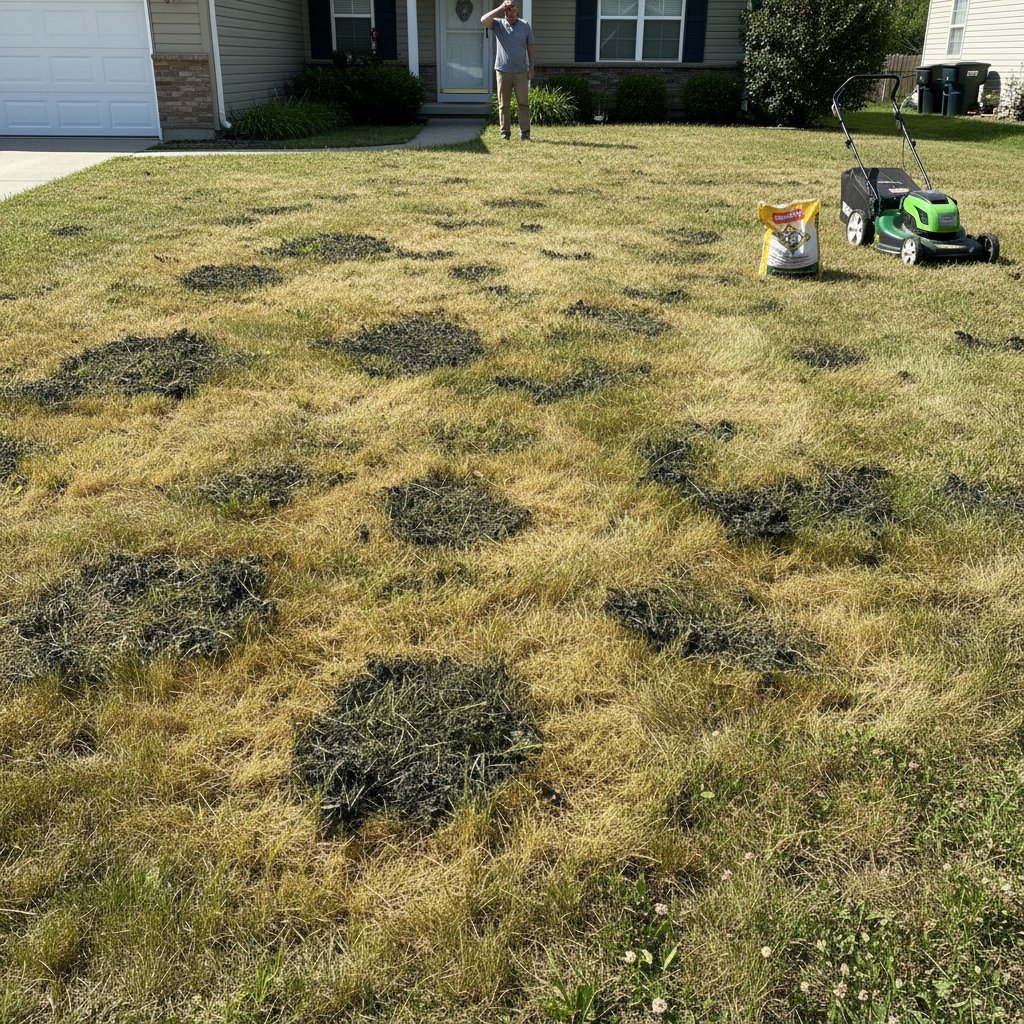 Osoba popełniająca typowe błędy: zbyt krótkie koszenie, nadmiar nawozu, nieprawidłowe podlewanie