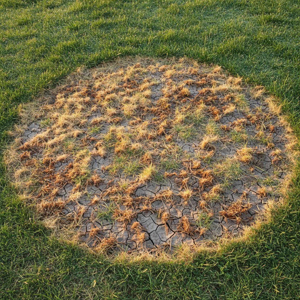 Zbliżenie na trawnik z żółtymi, brązowymi i zielonymi plamami – różne objawy chorób i problemów
