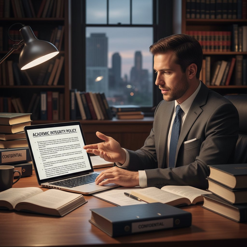 Lawyer reading academic integrity policy with laptop and case files