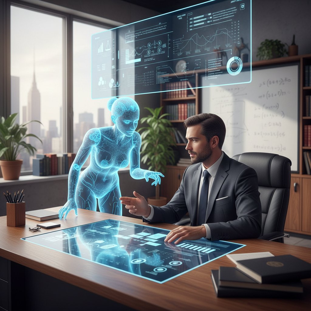 Prawnik współpracuje z asystentem AI przy biurku, dyskutując nad przepisami