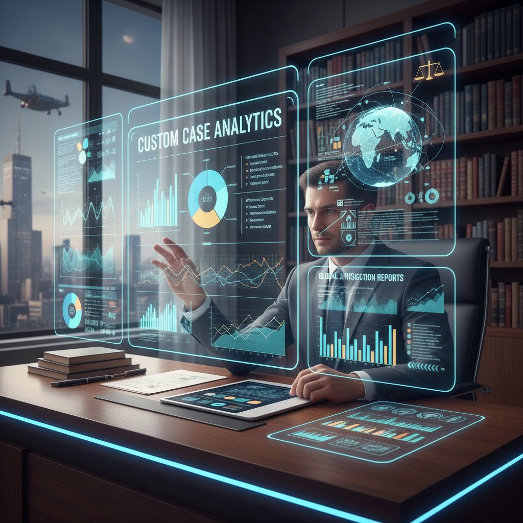 Prawnik analizujący dynamiczny cyfrowy pulpit z raportami