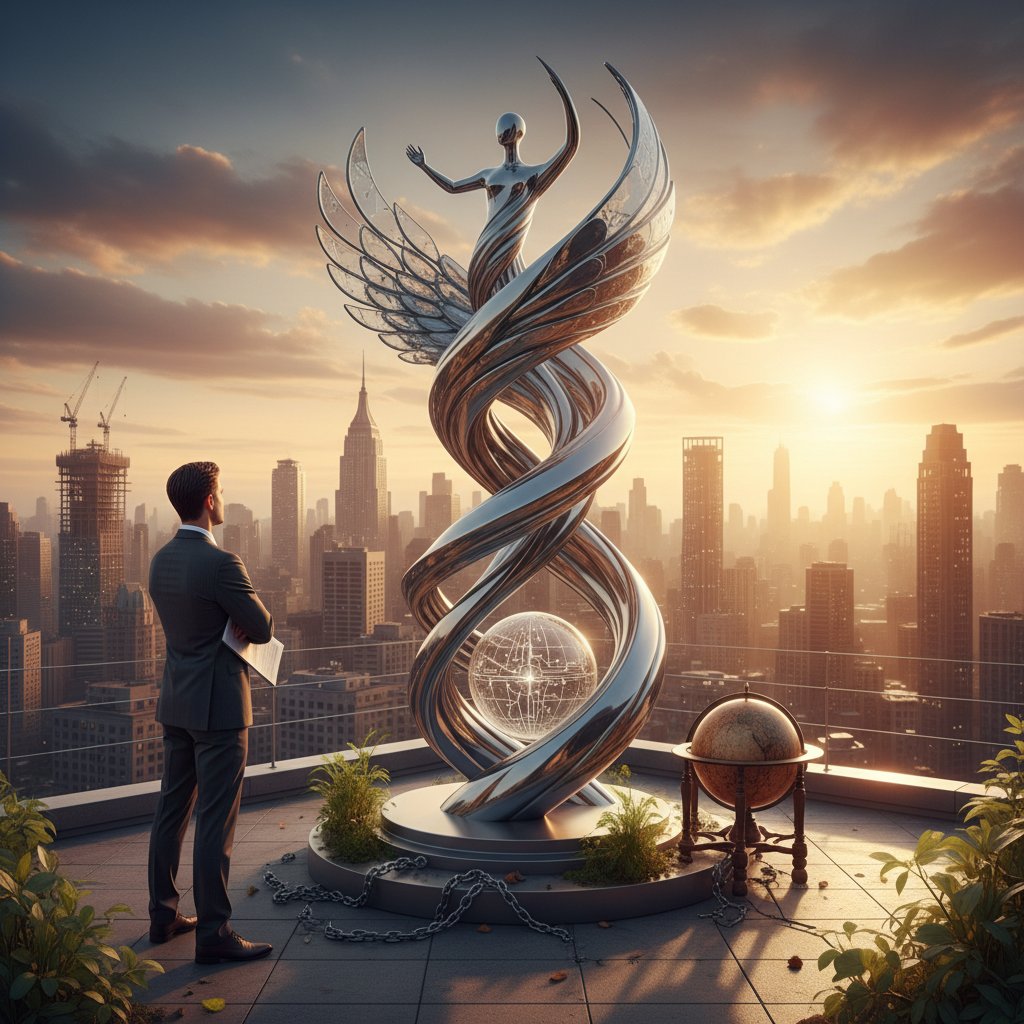 Prawnik patrzący na wschód słońca nad miastem – symbol zmiany