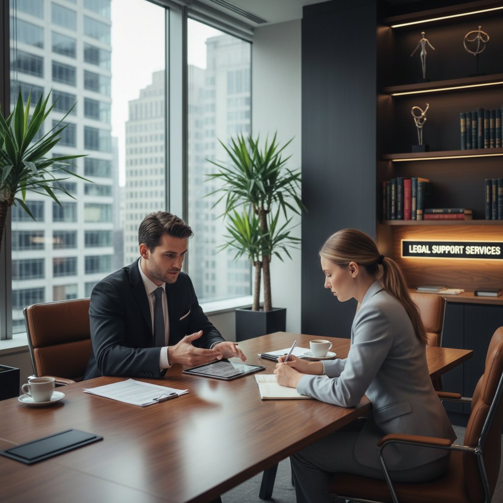 Prawnik konsultuje się z klientem w nowoczesnym biurze, atmosfera profesjonalizmu i wsparcia