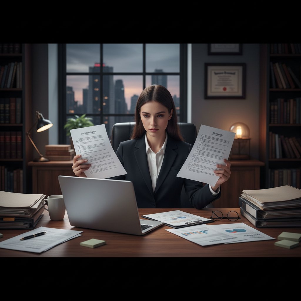 Prawnik przy biurku porównujący checklisty na laptopie i papierze