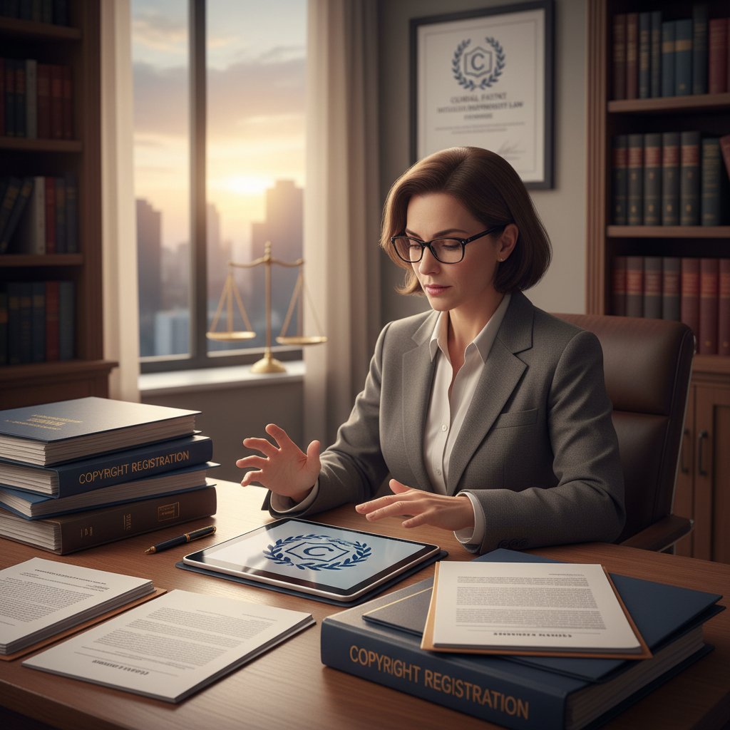 Prawnik analizujący dokumentację praw autorskich dotyczących projektu logo AI