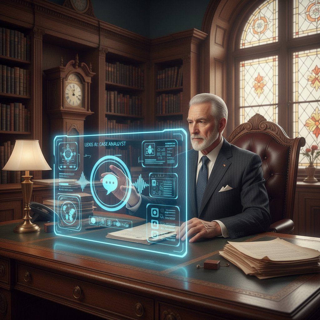 Lawyer with AI dashboard in traditional office, showing modern technology in a classic workplace environment