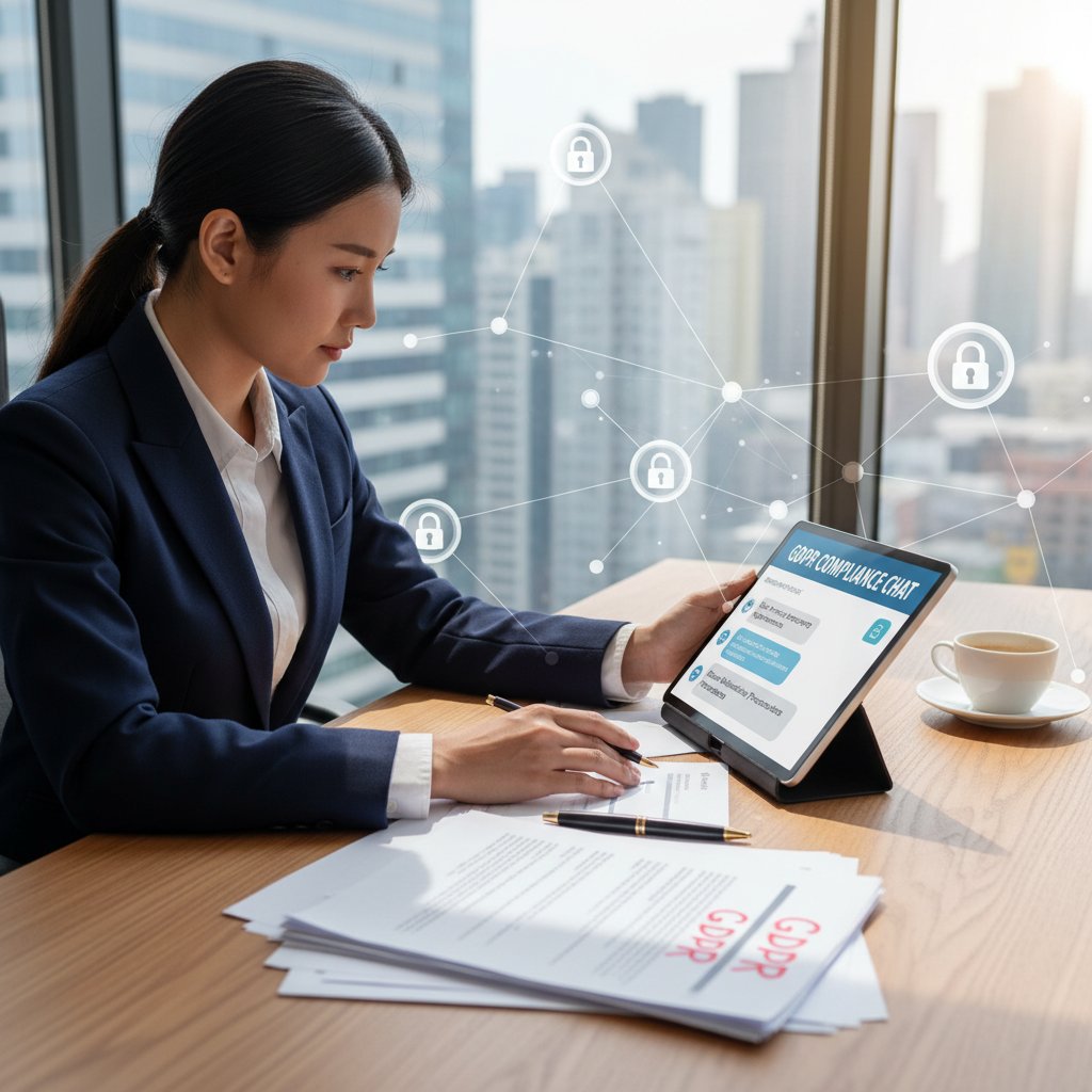 Prawnik analizujący dokumenty z widocznym napisem RODO i cyfrowym czatem w tle