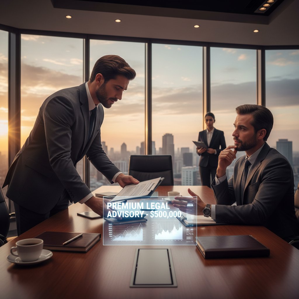 Prawnik próbujący przekonać klienta do drogiej usługi, niepewna atmosfera, sala konferencyjna