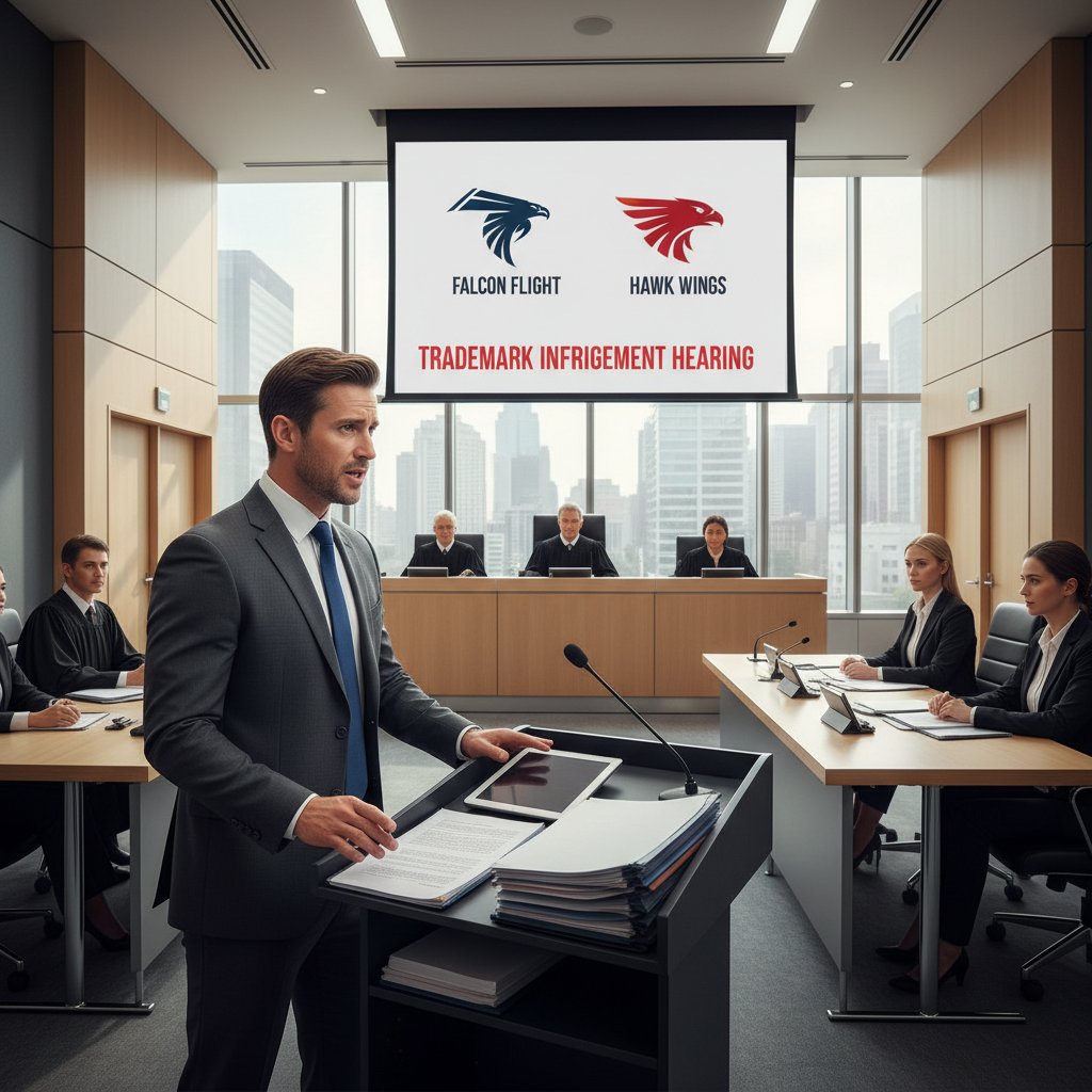 Prawnik w sądzie walczący o własność znaku towarowego