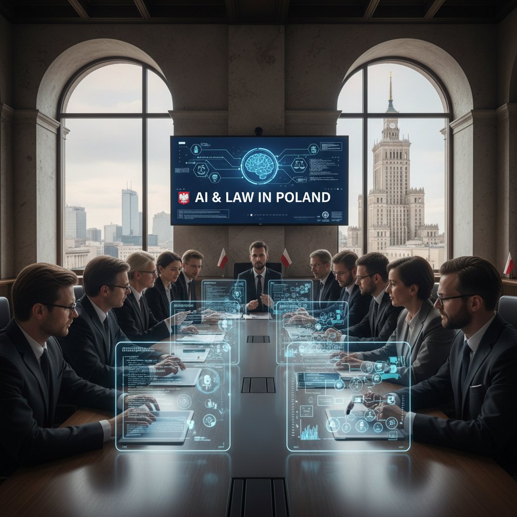Zespół prawników i inżynierów debatuje o AI w sali konferencyjnej, symbolizując polską perspektywę