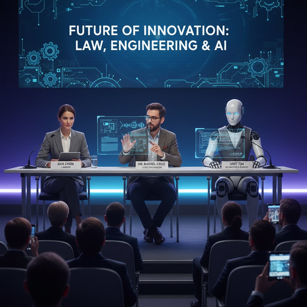 Zdjęcie panelu dyskusyjnego z udziałem prawników i inżynierów w temacie praw robotów