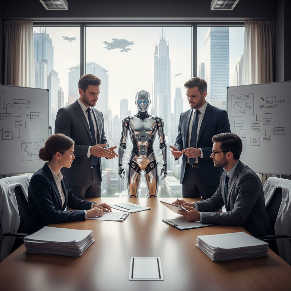 Profesjonalne zdjęcie: grupa prawników i ekspertów dyskutuje nad dokumentem, robot humanoidalny obok nich