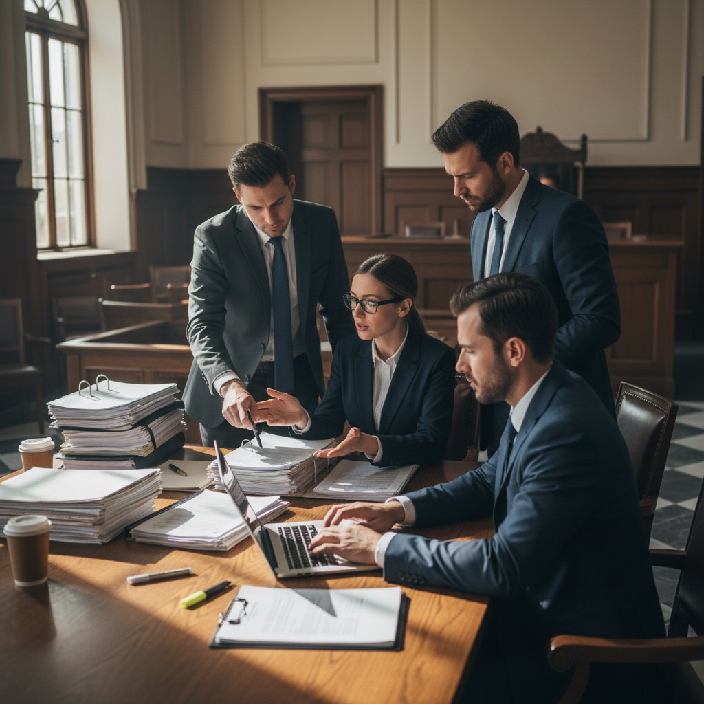 Grupa prawników przygotowująca się do rozprawy sądowej, powaga sytuacji