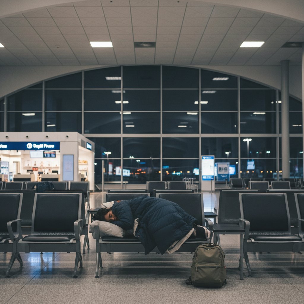 Traveler sleeping on bench in Fuzhou airport during layover, illustrating layover challenges
