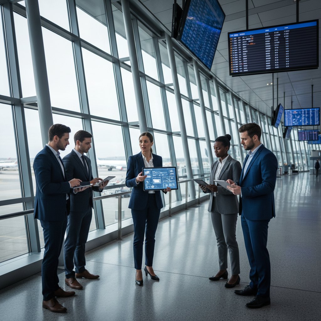 Leader directing team at airport with digital device, modern terminal, decisive editorial crisp photo