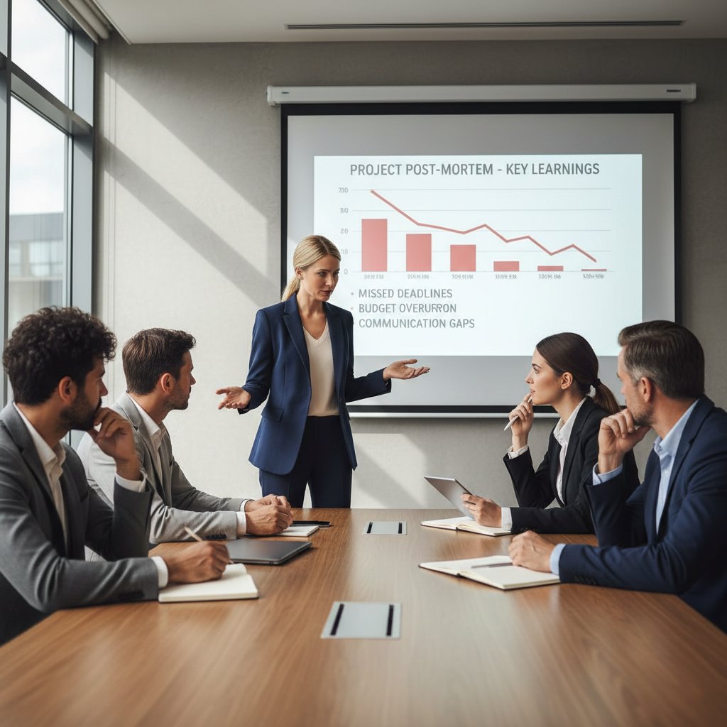 Zdjęcie przedstawiające lidera z zespołem analizującego błędy na tablicy