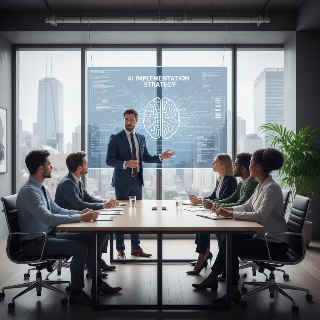 Lider przemawia do zespołu podczas spotkania wdrożeniowego AI