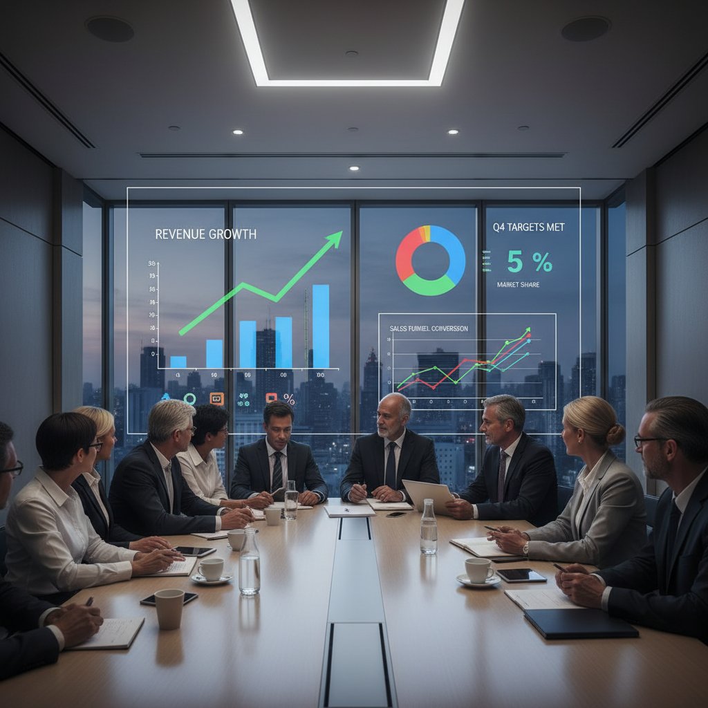 Zespół liderów analizuje najważniejsze wskaźniki na dynamicznym ekranie w nowoczesnej sali konferencyjnej