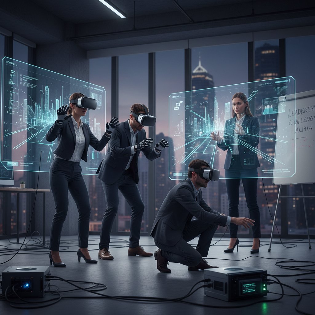 Kadra menedżerska testująca strategie przywódcze w symulatorze VR