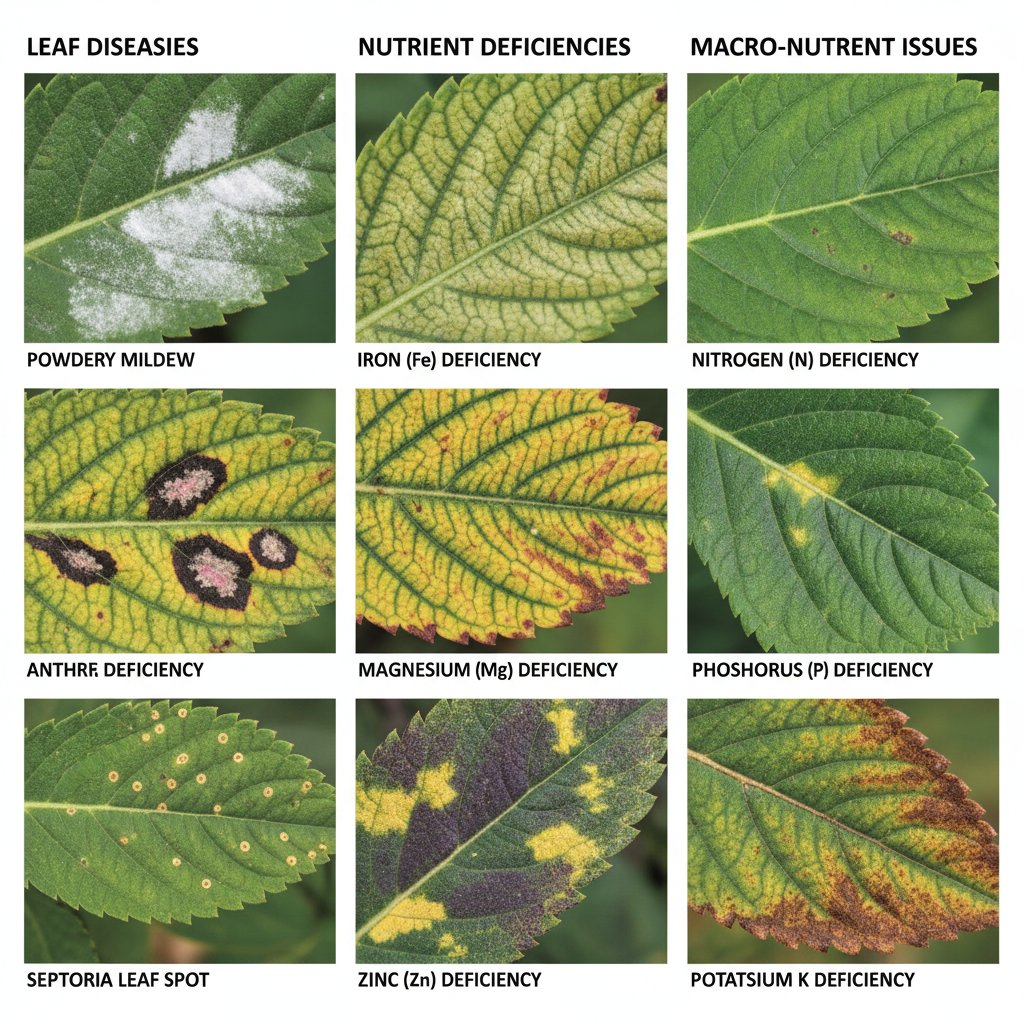 Porównanie liści z objawami choroby grzybowej i niedoboru żelaza, makro ujęcie