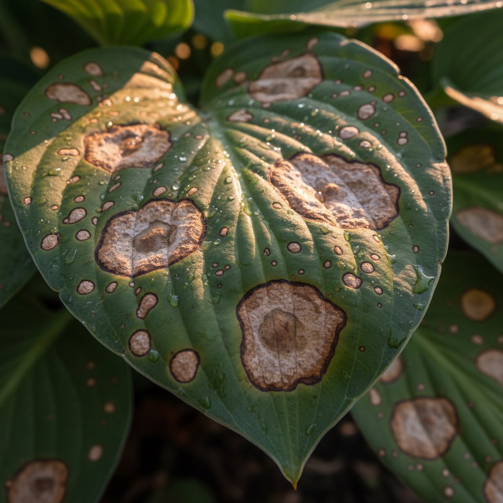 Zbliżenie liścia z plamistością, wyraźne ciemne plamy na tle zieleni, ostre światło