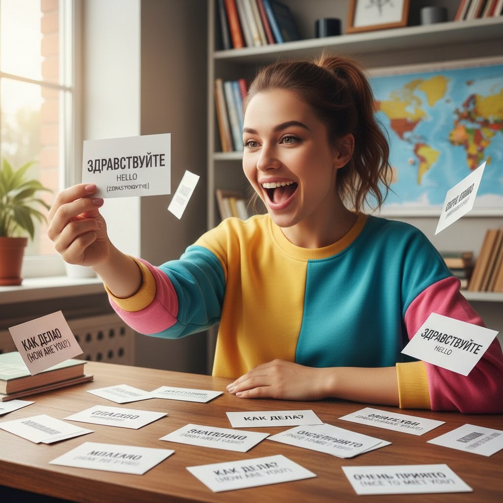 Aktywny uczeń ćwiczący rosyjski z fiszkami i wymową, słowa kluczowe: nauka rosyjskiego online, rosyjski ćwiczenia