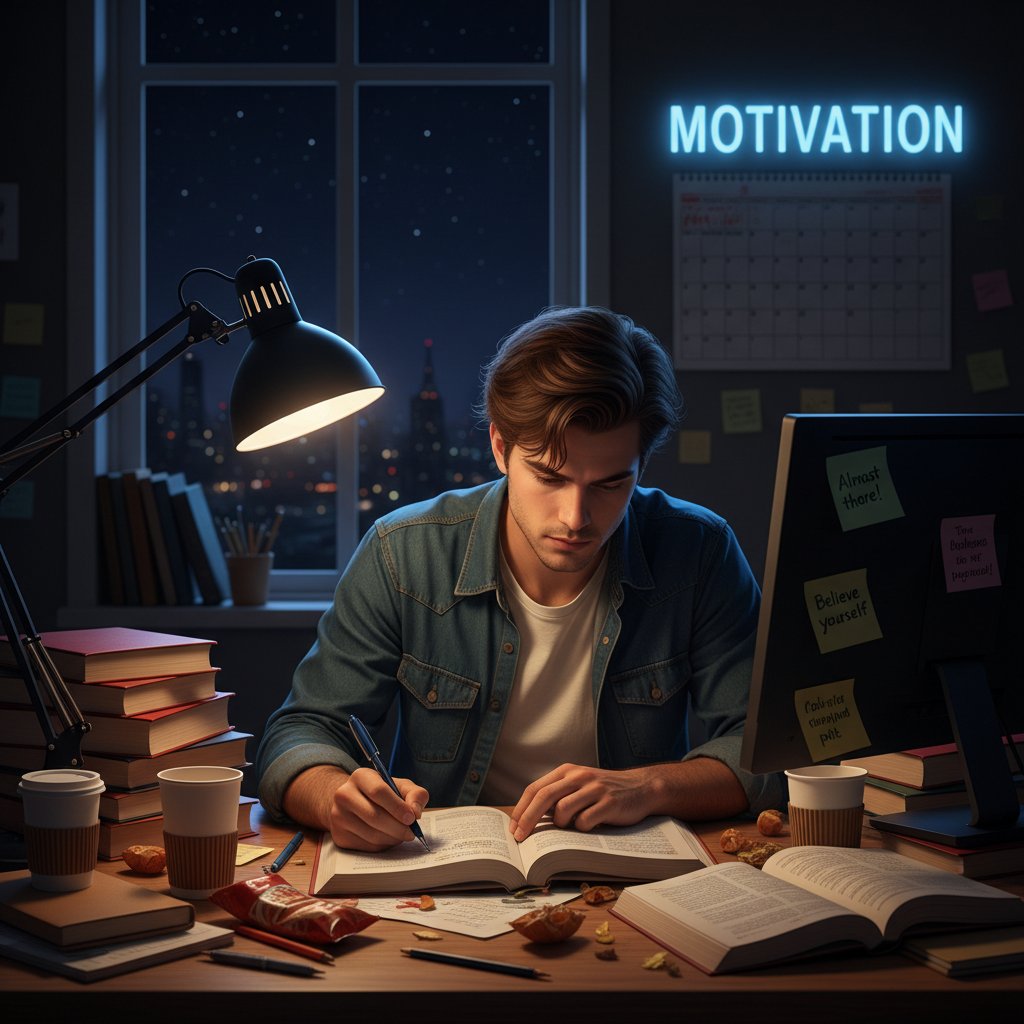 Osoba ucząca się angielskiego nocą – walka z motywacją