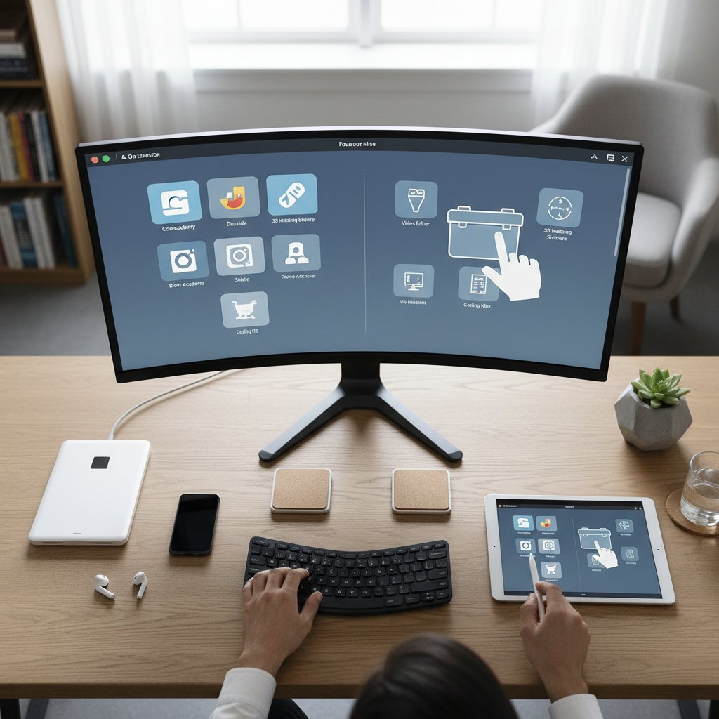 Różne urządzenia z aplikacjami do nauki języka, osoba wybierająca spośród nich, nowoczesne biurko