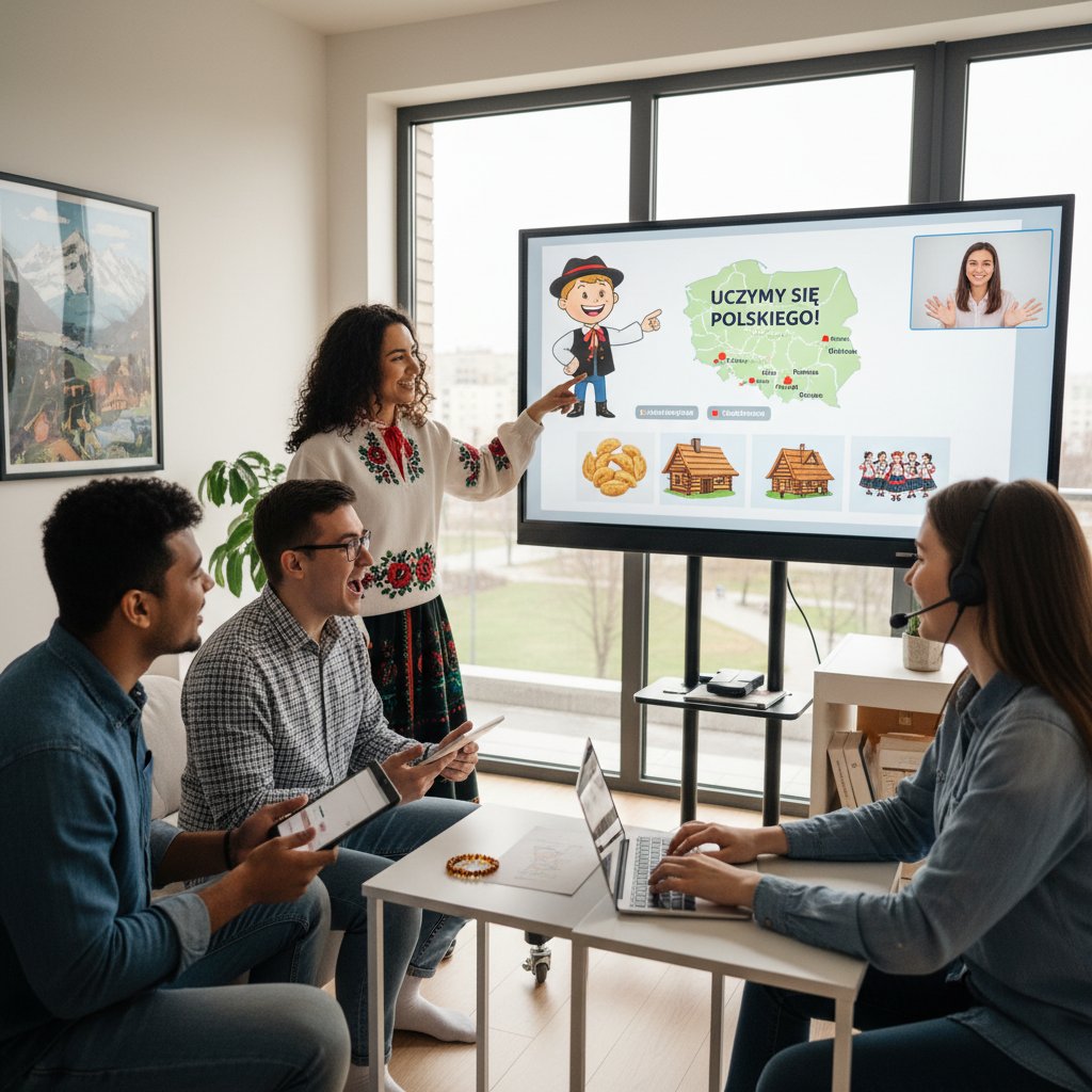 Grupa osób z różnych krajów uczących się polskiego online, z polskimi symbolami kulturowymi w tle