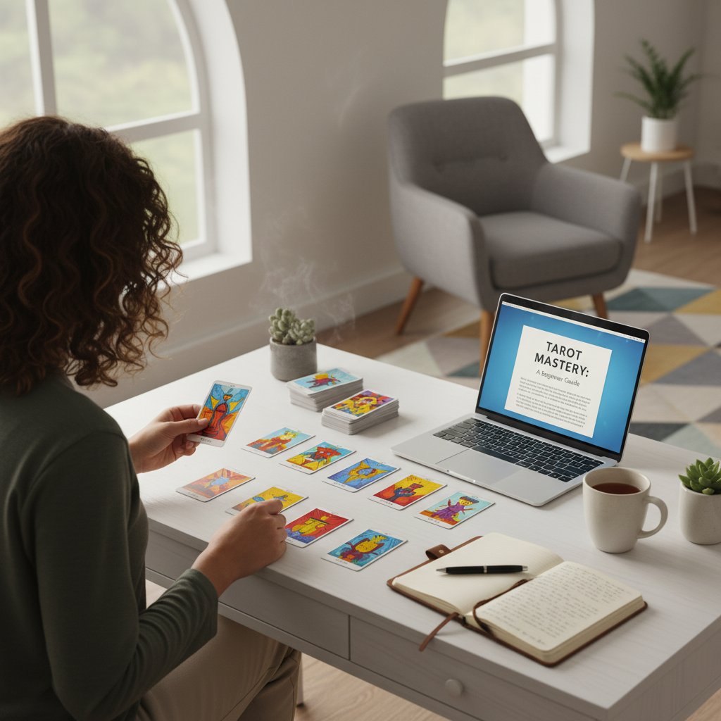Osoba ucząca się tarota przy biurku, otwarta książka i talia kart, nowoczesne wnętrze