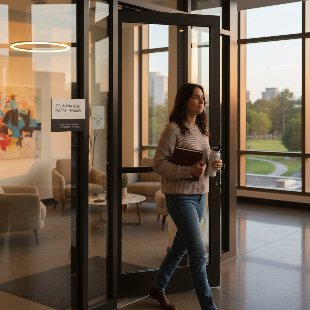 Osoba opuszczająca gabinet terapeutyczny, zamyślona – zakończenie terapii