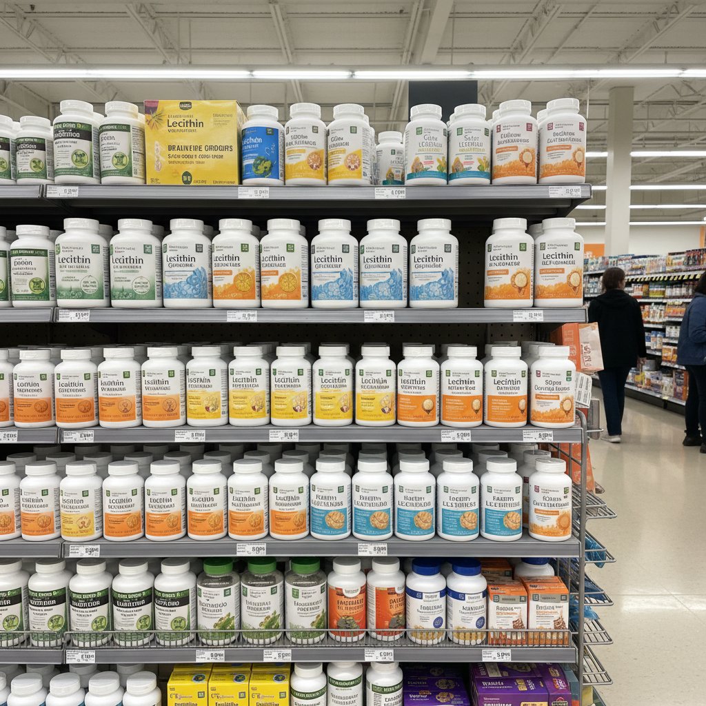Porównanie różnych opakowań suplementów lecytyny w sklepie
